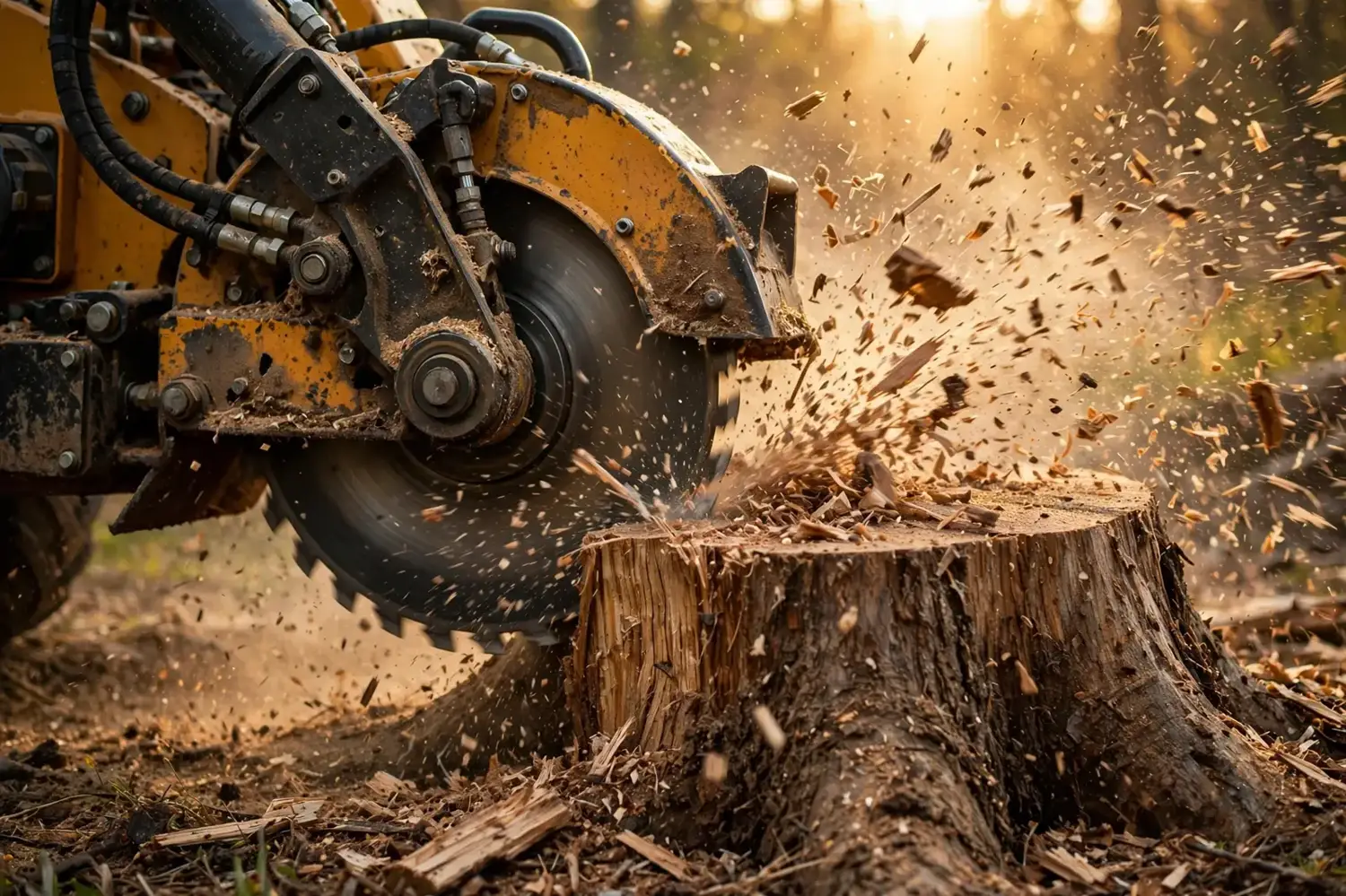 A stump grinder throwing a spray of fresh wood chips