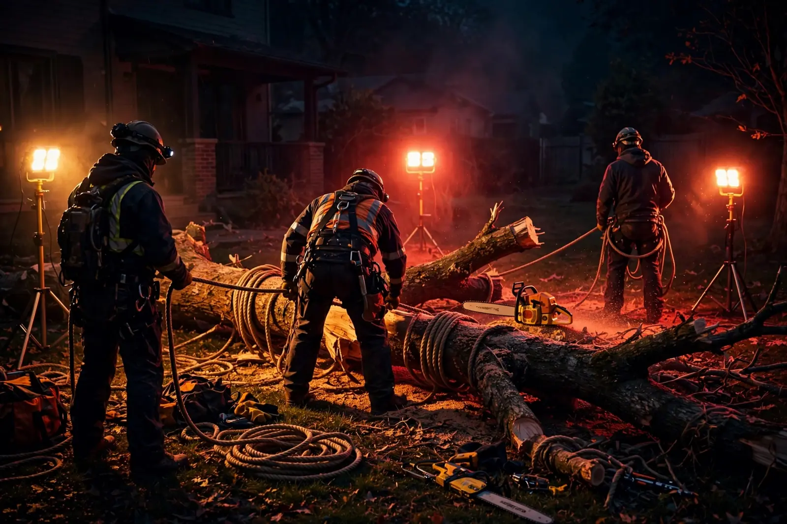 A tree crew clearing a fallen tree at night under work lights