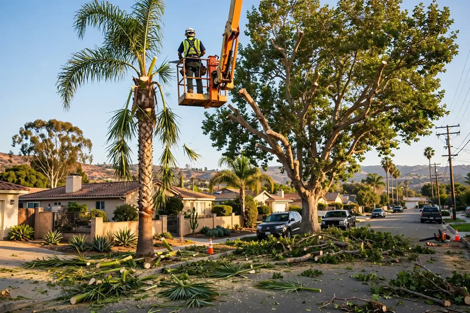 An arborist in a lift pruning a tall tree on a clear day